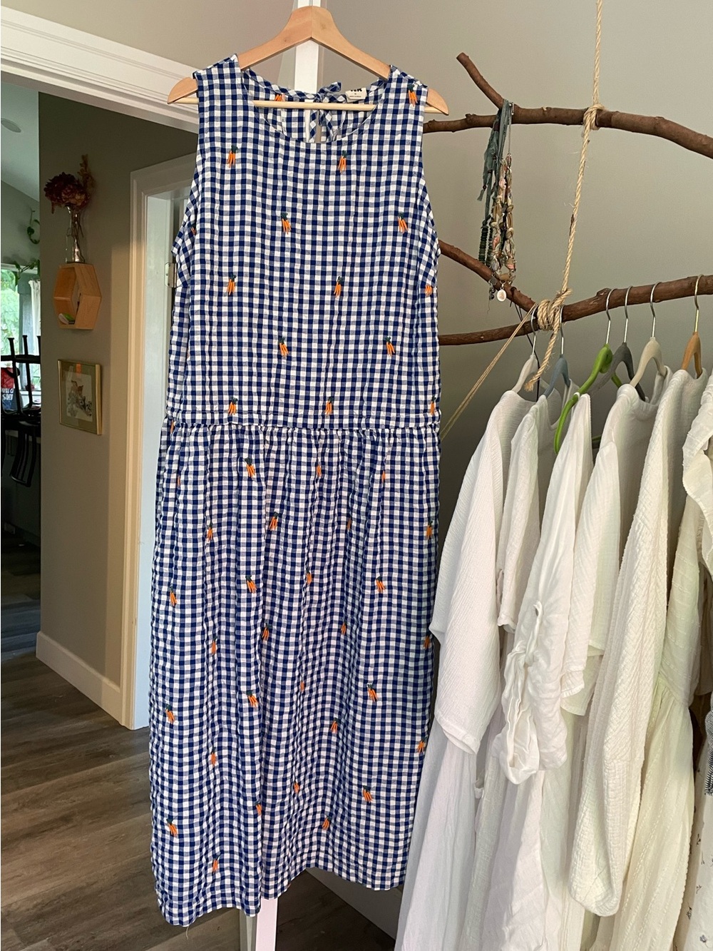 Lucy & Yak Organic cotton seersucker gingham embroidered carrot midi dress XL